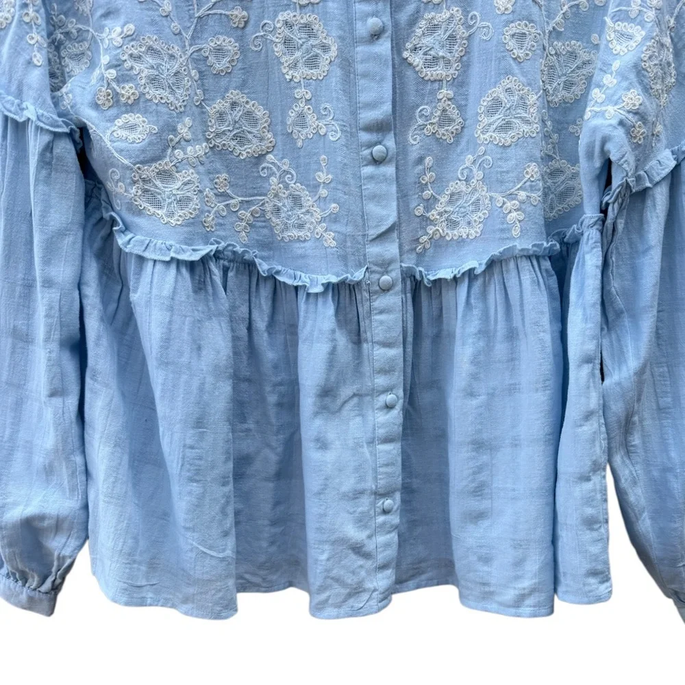 Zara Women’s S Light Blue Floral Embroidered Cotton Pleated Boho Baby Doll Top